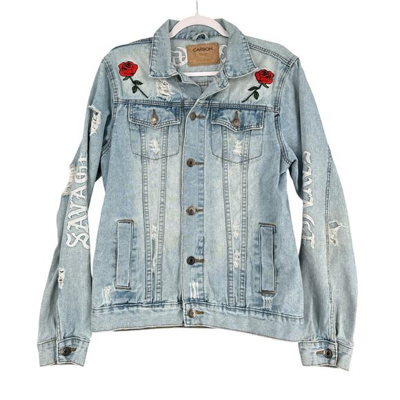CARBON Lightwash Embroidered Dragon Roses Distressed Detail Denim Jacket Medium - Picture 1 of 7